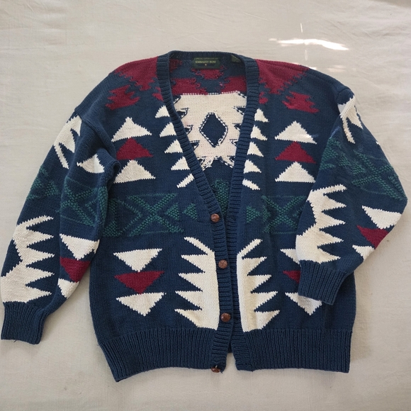 Vintage Geometric Pattern Hand Knit Sweater - Blue Red Green White XL